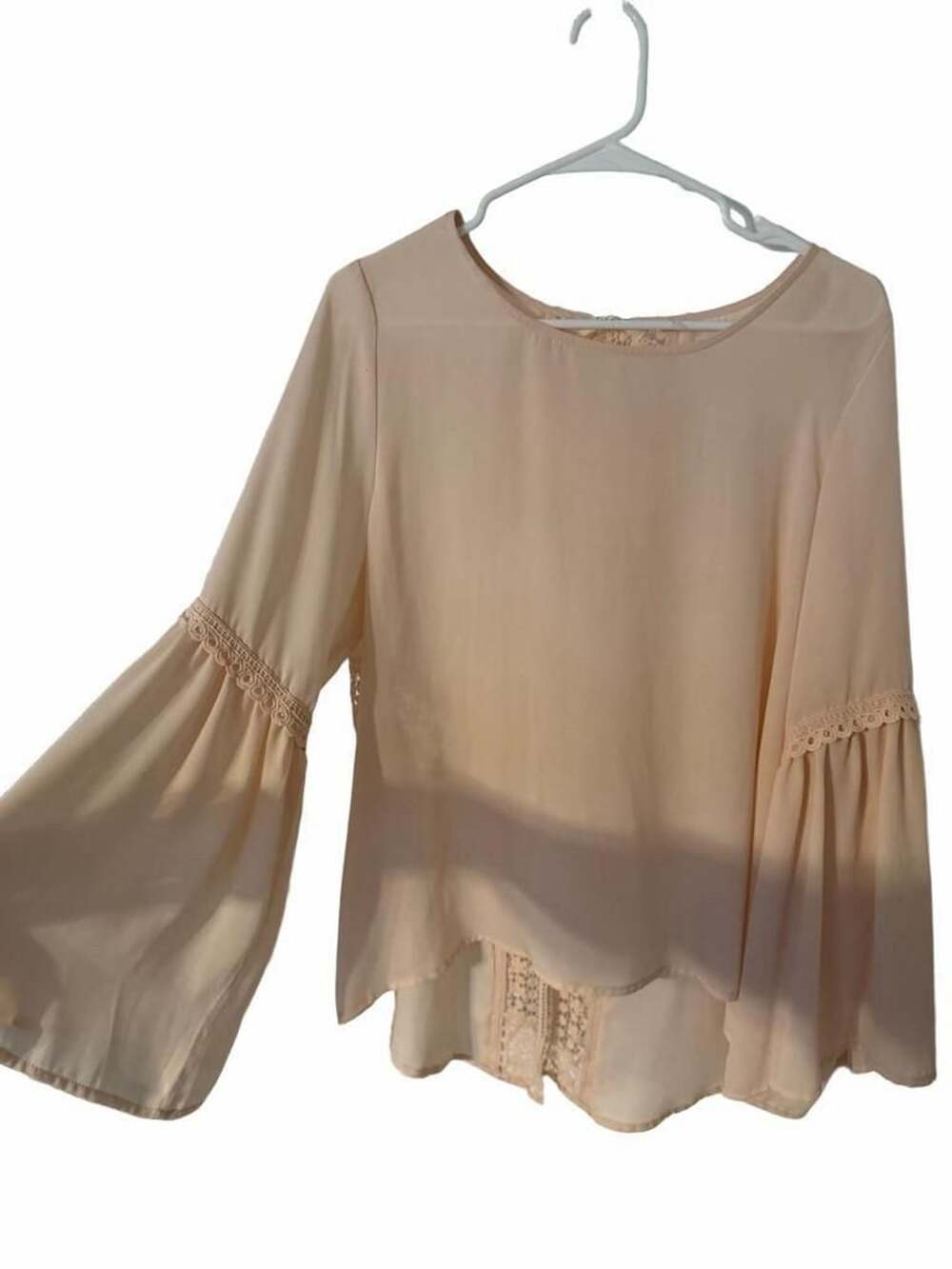 Elan Style Blush Pink Sheer Long Bell Sleeve Crochet Lace Back Blouse Top Medium